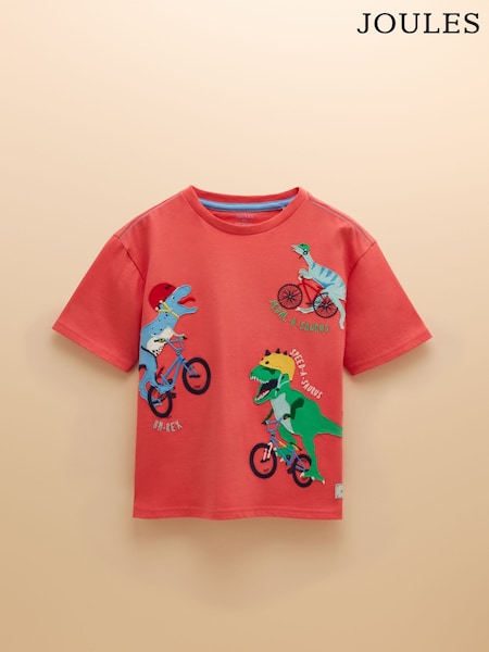 Joules Archie Red Dinosaur Cotton Short Sleeve Applique T-Shirt (E56223) | €18.95 - €21.95