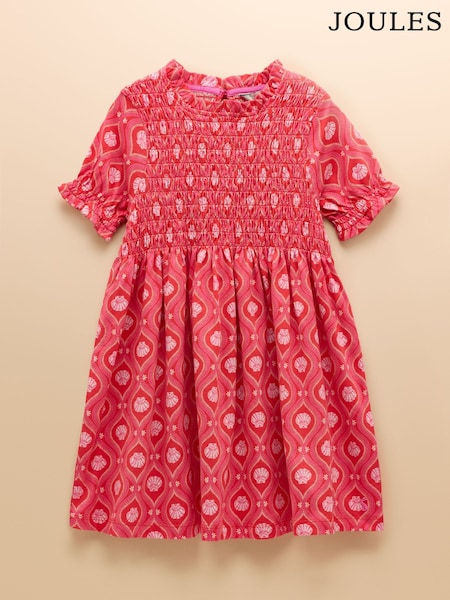 Joules Gracie Pink Shell Print Short Sleeve Shirred Dress (E56523) | R$ 195 - R$ 255