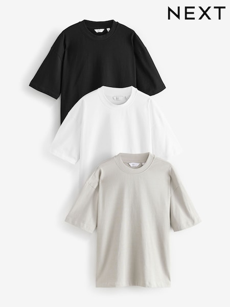 أبيض/أسود/أزرق داكن - تلبيس واسع - Heavyweight T-shirts 3 Pack (E57147) | ‏223 د.إ.‏