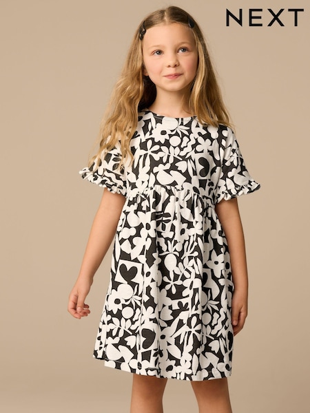 Black/White Stampy - Short Sleeve Jersey 100% Cotton Summer Dress (3-16yrs) (E57223) | ‏42‏₪ - ‏63‏ ₪