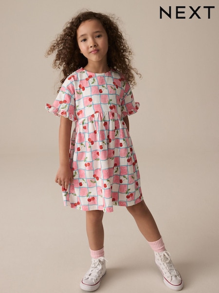 Pink/Blue Cherry Gingham Short Sleeve Jersey Summer Dress (3-16yrs) (E57225) | ₪42 - ₪63