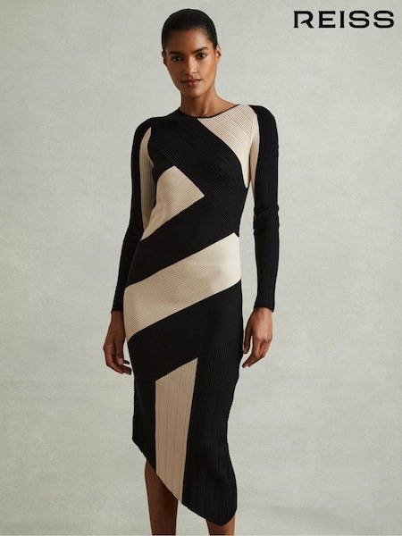 Reiss Black/Camel Jem Petite Knitted Colourblock Asymmetric Midi Dress (E57244) | kr3 568