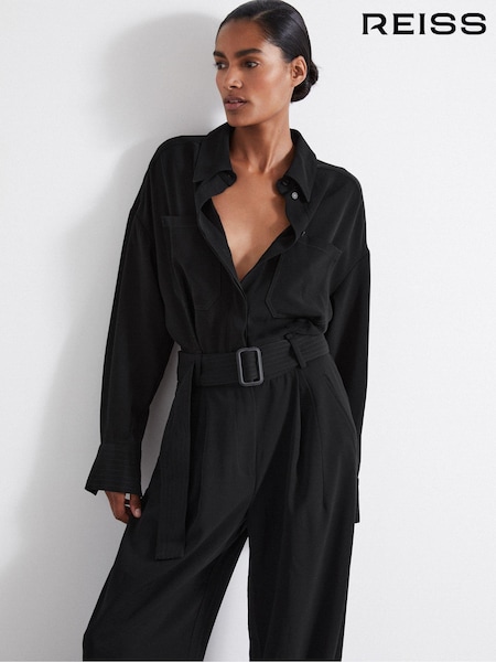 Reiss Black Rochelle Atelier Belted Crepe Jumpsuit (E57246) | $902