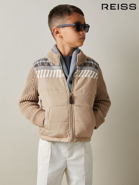 Reiss Oatmeal Melange Kingsway 9-13 yrs Hybrid Knit and Quilt Funnel Neck Jacket (E57267) | €100