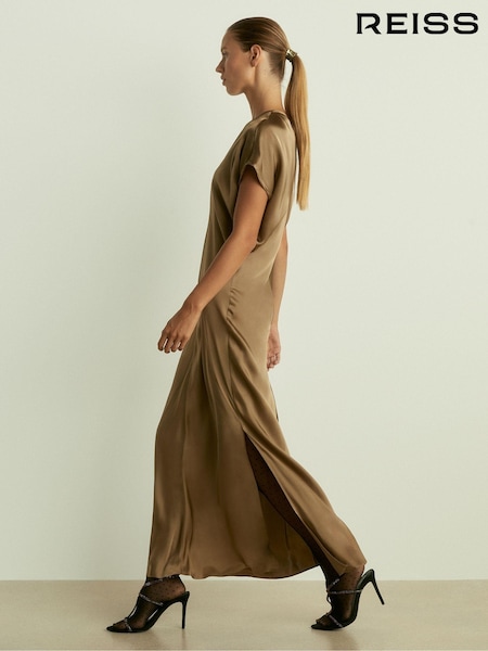 Khaki - Reiss Kora Satin Short-sleeve Midi Dress (E57275) | €312