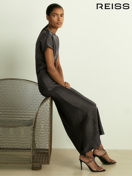 Reiss Charcoal Kora Satin Short-Sleeve Midi Dress (E57277) | €84