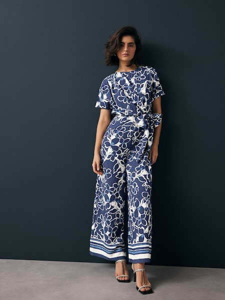 Navy Floral Tie Waist Detail Jumpsuit (E57279) | AED85