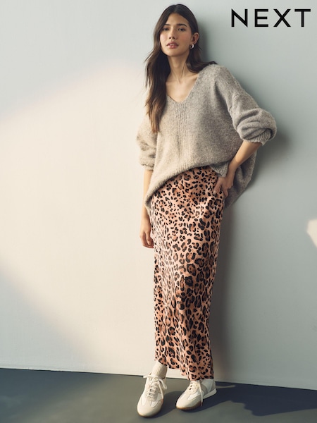 Leopard Print Satin Midi Skirt (E57513) | ₪117
