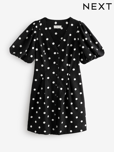 Black Spot V-Neck Puff Sleeve Mini Dress with Linen (E57538) | AED77