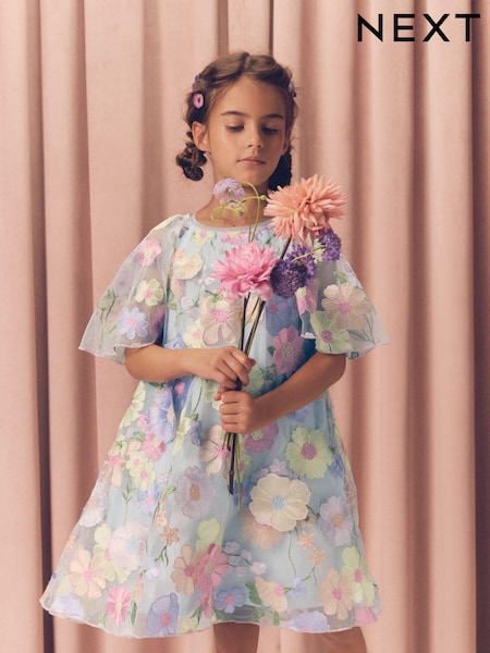 Blue 3D Flower Embroidered Angel Sleeve Occasion Dress (3-16yrs) (E57540) | €75 - €90