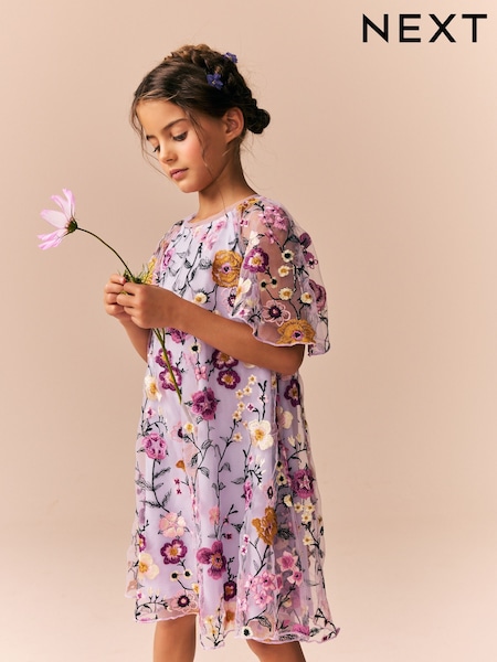 Flieder/Violett geblümt - Embroidered Angel Sleeve Occasion Dress (3-16yrs) (E57541) | 56 € - 67 €