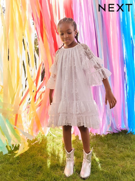 أبيض - Tiered Lace Dress (3-16yrs) (E57545) | ‏155 ر.س.‏ - ‏191 ر.س.‏
