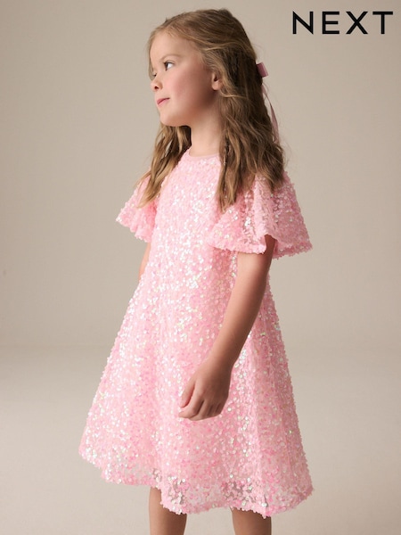 Pink Sparkle Angel Sleeve Sequin Party Dress (3-16yrs) (E57551) | AED112 - AED142