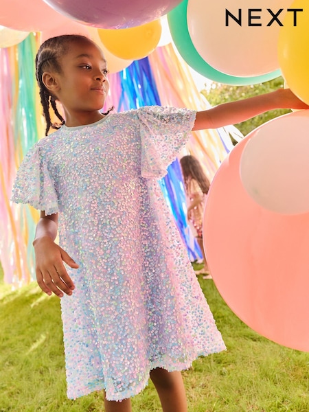 Lilac Purple Sparkle Angel Sleeve Sequin Party Dress (3-16yrs) (E57552) | €30 - €39