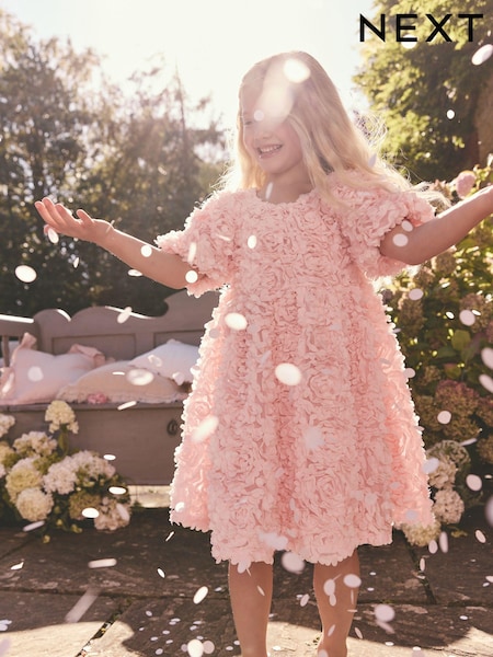 Pink 3D Floral Print Occasion Dress (3-14yrs) (E57554) | 178 QAR - 208 QAR