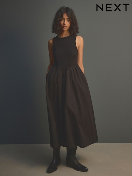 Negru - Woven Jerseu Mix Fără mâneci Racer Striat Midi Rochie (E57569) | 204 LEI