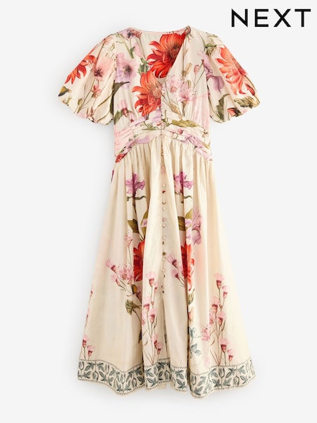 Ecru Cream Floral Puff Sleeve Button Down Occasion Maxi 100% Cotton Dress (E57577) | €50