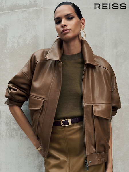 Neutral - Reiss Maeve Leather Twin-pocket Relaxed Jacket
