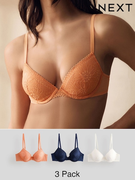 Orange/Cream/Navy Pad Plunge Floral Lace Bras 3 Pack (E57608) | CHF 57
