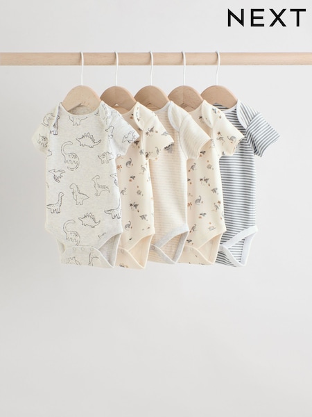 Grey Dinosaur Short Sleeve Baby Bodysuits 5 Pack (E57825) | $30 - $34