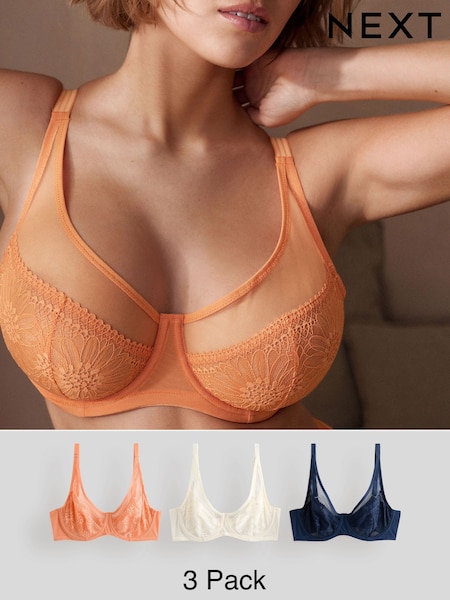 Orange/Cream/Navy DD+ Non Pad Full Cup Floral Lace Bras 3 Pack (E58039) | $55