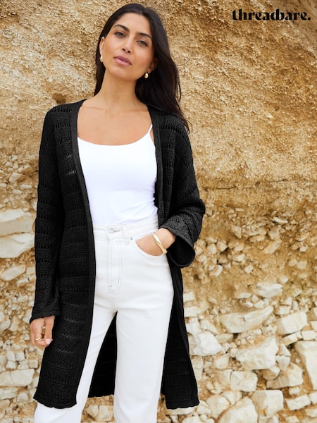 Threadbare Black Longline Crochet Knit Cardigan (E58070) | €45