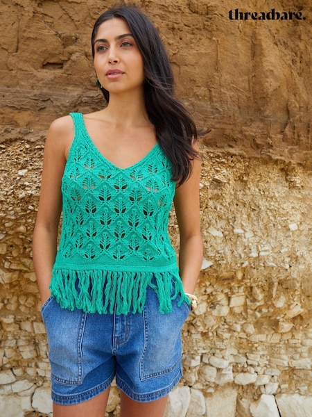 Threadbare Green Tassel Fringe Crochet Knit Vest Top (E58074) | €8