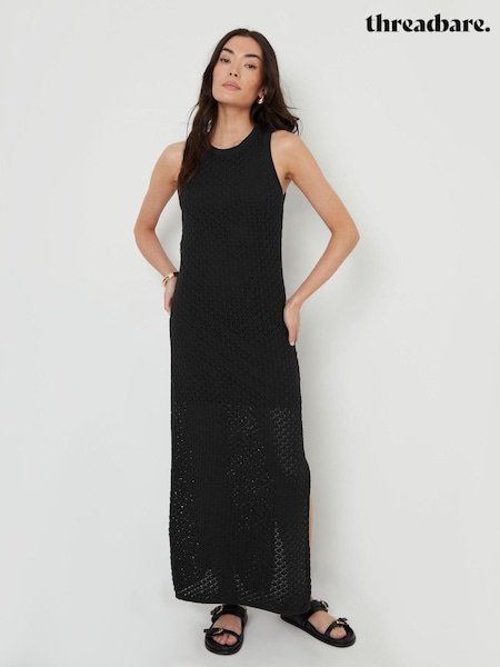 Threadbare Black Lined Crochet Knit Racer 100% Cotton Maxi Dress (E58078) | OMR8