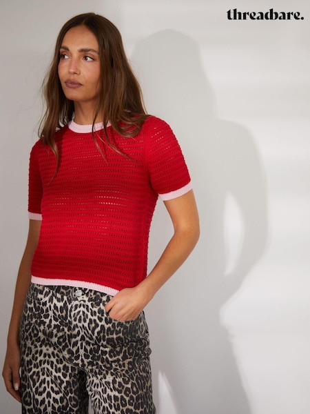 Roșu - Tricou din tricot cu croșetat cu vârf și contrast cu fir Threadbare (E58082) | 100 LEI