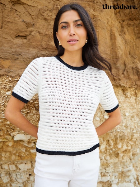 Negru - Tricou din tricot cu croșetat cu vârf și contrast cu fir Threadbare (E58083) | 89 LEI