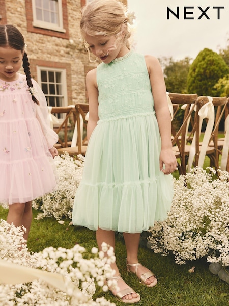 أخضر فاتح - Tiered Mesh & Lace Flower Girl Dress (3-16yrs) (E58300) | ‏131 ر.س.‏ - ‏167 ر.س.‏