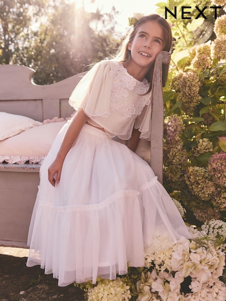 Weiß mit 3D-Blume - Flower Girl Top And Skirt Set (3-16yrs) (E58302) | 69 € - 78 €