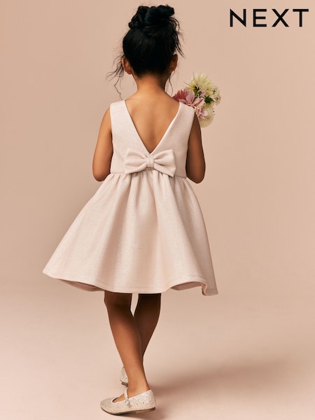 Champagne Gold Bow Detail Scuba Dress (3-16yrs) (E58303) | €41 - €50