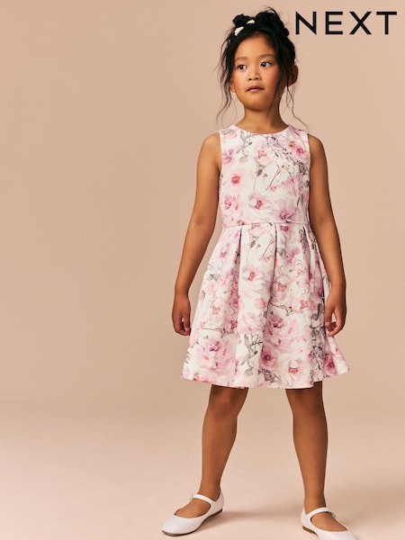 Ecru/Pink Floral Cut Out Detail Scuba Occasion Dress (1.5-16yrs) (E58305) | 114 QAR - 153 QAR