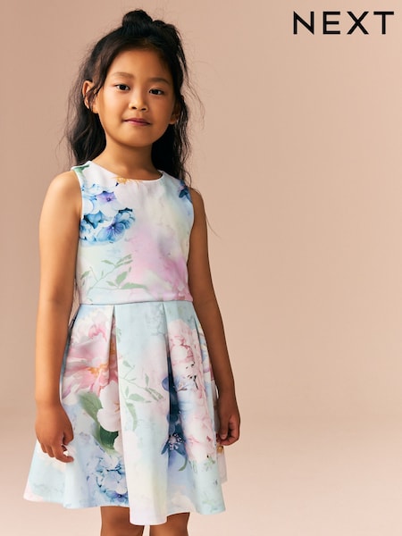 Blue Floral Cut Out Detail Scuba Occasion Dress (1.5-16yrs) (E58306) | €32 - €43