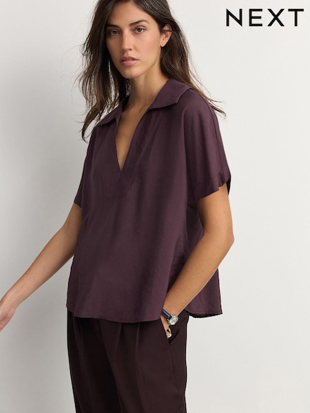 Roșu vișiniu - Relaxed Fit Short Sleeve V-Neck Overhead Top with Collar (E58314) | 91 LEI