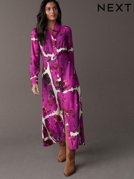 Różowy z motywem kwiatowym - Long Sleeves Midi Shirt Dress (E58763) | 320 zł