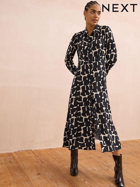 أسود/أبيض طبعة شكل هندسي - Long Sleeves Midi Shirt Dress (E58767) | ‏113 د.إ.‏