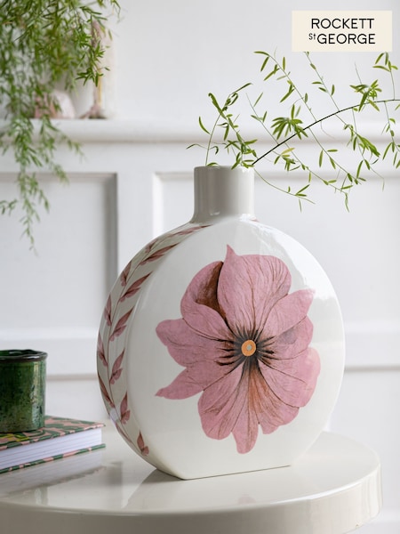 Rockett St George White/Pink Oriental Floral Round Medium Floral Vase (E58795) | €54