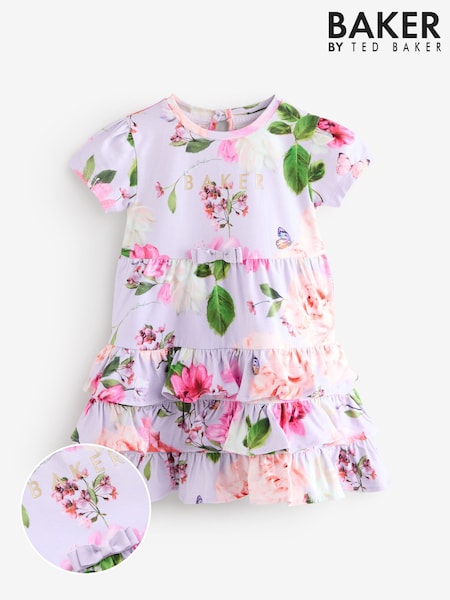 Baker by Ted Baker Purple Ruffle Tier Hem Printed Floral Dress (E58844) | €33 - €37