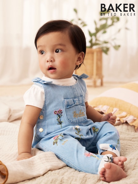 Baker by Ted Baker 2 Piece Blue Denim Embroidered Dungaree and T-Shirt Set (E58865) | €51 - €55