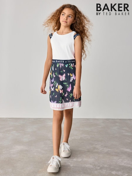 Baker by Ted Baker Navy/White Floral Print Double Strap Chiffon Pleat Mockable Dress (E58884) | AED227 - AED269