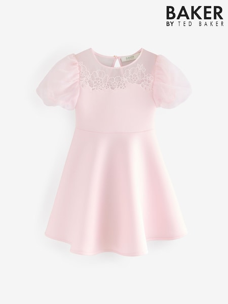 Baker by Ted Baker Pink Floral Organza Panel Puff Sleeve Scuba Dress (E58902) | 243 QAR - 270 QAR