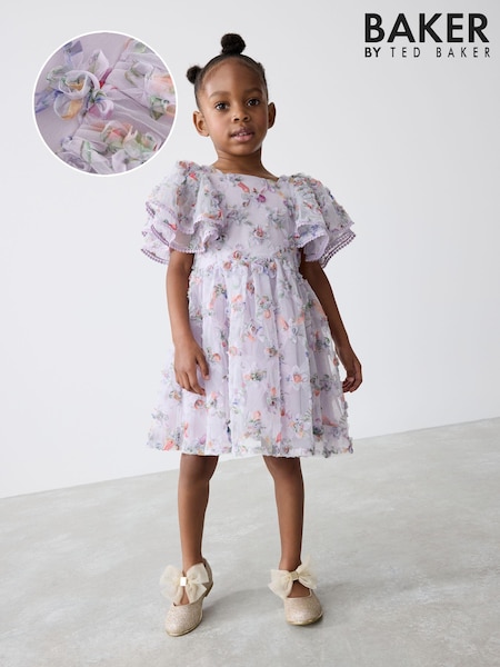 Baker By Ted Baker Purple Textured Floral Print Mesh Dress (E58909) | DKK355 - DKK385