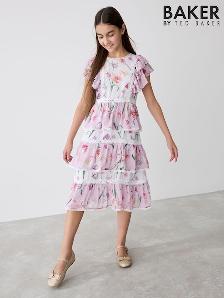 Baker by Ted Baker Pink Floral Print Tiered Midi Dress (E58924) | 243 QAR - 270 QAR