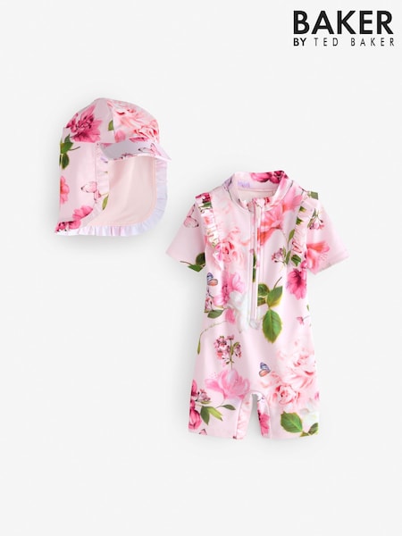 Baker by Ted Baker 2 Piece Pink Floral Swimsuit and Sunsafe Hat Set (E58925) | €42 - €50
