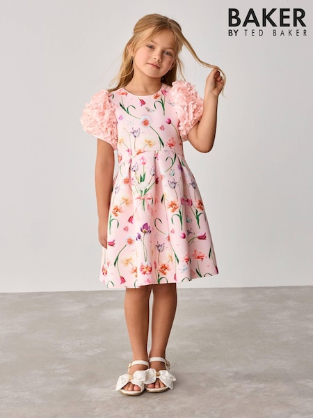Baker By Ted Baker Pink 3d Sleeve Floral Print Scuba Dress (E58941) | ‏211‏₪ - ‏246‏ ₪