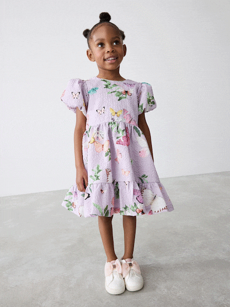 Baker by Ted Baker Purple Textured Floral Print Puff Sleeve Dress (E58943) | AED191 - AED209