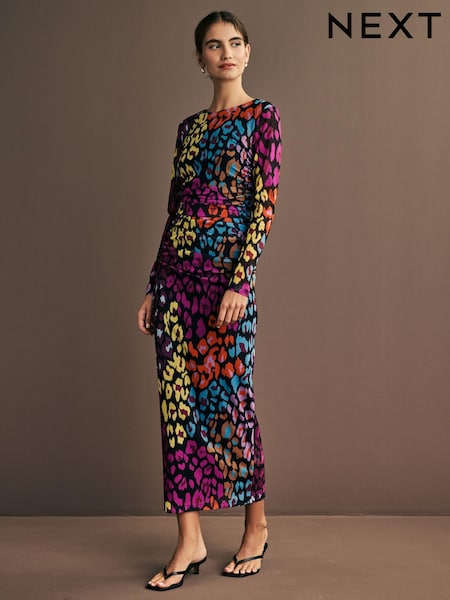 Bright Multi Animal Print Long Sleeve Placement Floral Mesh Maxi Dress (E58963) | $61