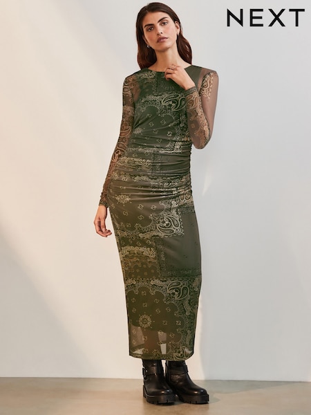 Khaki Green Scarf Print Long Sleeve Placement Floral Mesh Maxi Dress (E58965) | €42